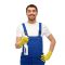 profession, cleaning service and people concept - happy smiling male worker or cleaner in overall and gloves with detergent over white background